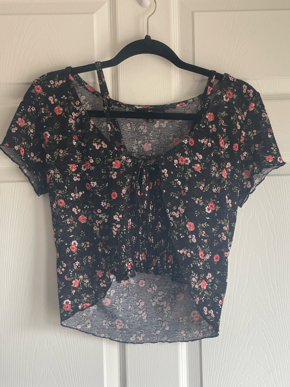 2 Piece Black Crop Top and Short Sleeve Cover Top with Pink Floral Print
